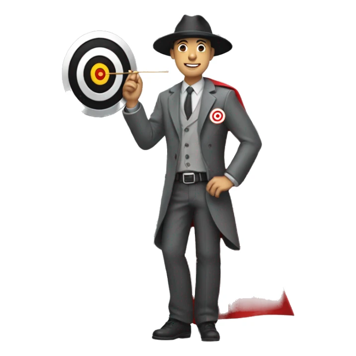 man with grey shirt and black pants and grey hat with Target bullseye on it, and a red cape sticker