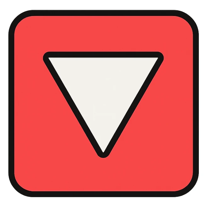 red square with a white equilateral triangle pointing downwards in the center, clean and geometric, minimal and bold, flat design, simple and modern sticker
