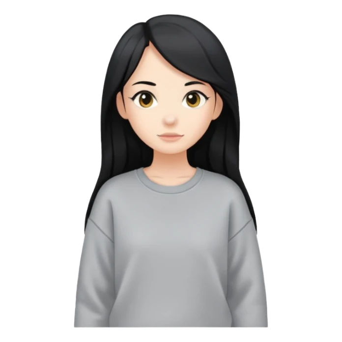 full-body female avatar, flat vector, long black hair, oversized sweatshirt, neutral background sticker
