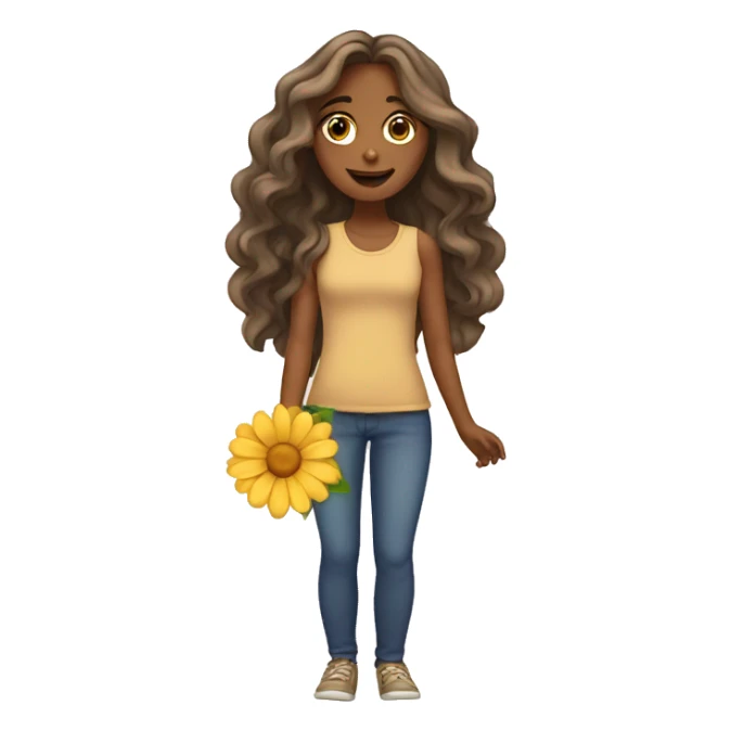Tan girl with wavy long hair holding a flower sticker