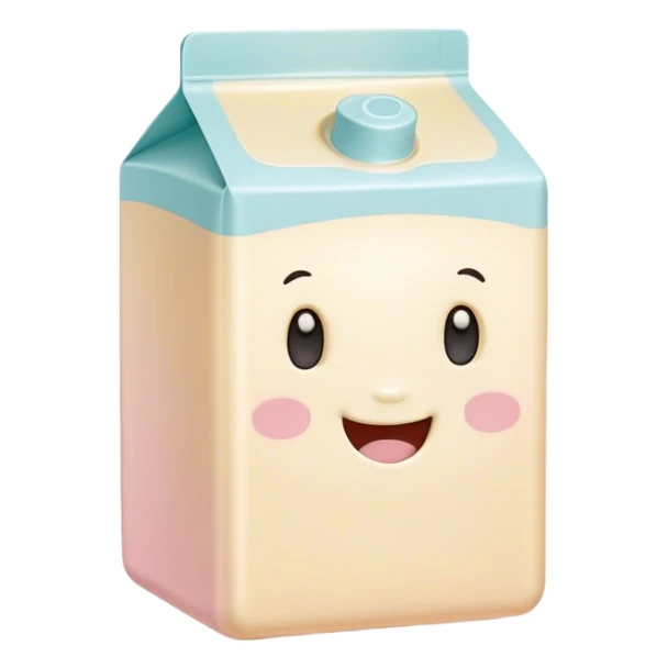 Cinematic adorable milk carton, soft pastel colors, tiny rounded edges, chubby smiling face, warm glowing highlights, gently tilting in a playful pose. sticker