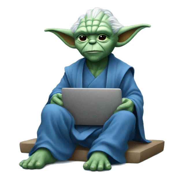 Blue yoda sitting happy at laptop sticker