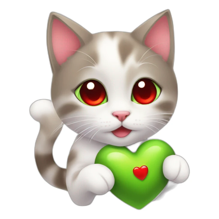 Super cute kitten with green anime eyes holding red hearts sticker