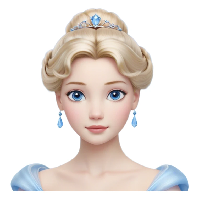 Cinematic Realistic Cinderella Portrait, depicted with lifelike skin texture, subtle rosy undertones, and soft natural lighting that enhances the gentle contours of her face. Her intricately detailed golden blonde hair is elegantly styled in an updo, with delicate wisps framing her face. Her deep, expressive blue eyes radiate warmth and sincerity, reflecting a quiet resilience and grace. She holds a glass slipper gently in one hand, her other hand resting gracefully at her side, emphasizing the timeless beauty of the moment. She is dressed in her iconic ball gown, the fabric shimmering with intricate embroidery and fine translucent layers that catch the light beautifully. The soft sheen of satin gloves adds a magical touch to her graceful pose. The portrait features an enchanting glow with a natural, luminous finish, seamlessly blending realism and fairytale charm to evoke a sense of depth, elegance, and timeless beauty. sticker