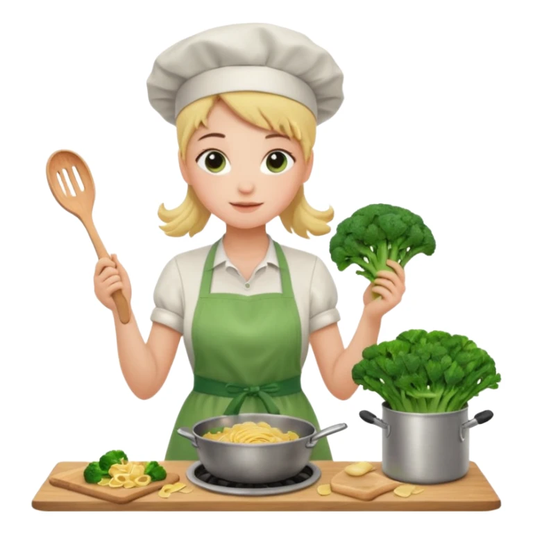 Girl cooking pasta for the first time with broccoli sticker