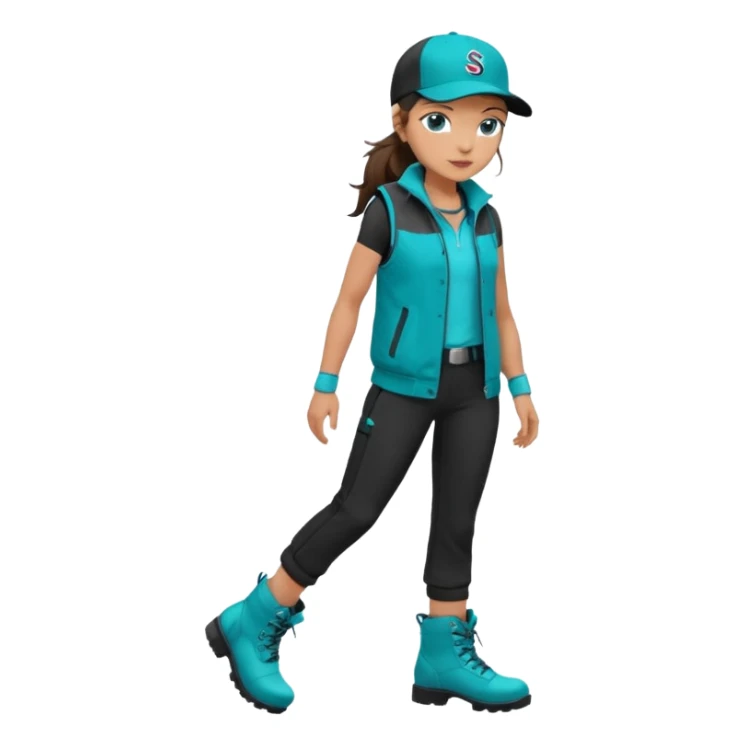 A landscaper in a beautiful turquoise jacket and turquoise boots, black pants, and a black sleeveless shirt. On his head is a black Swissotel baseball cap. The girl is a brunette with blue eyes. sticker