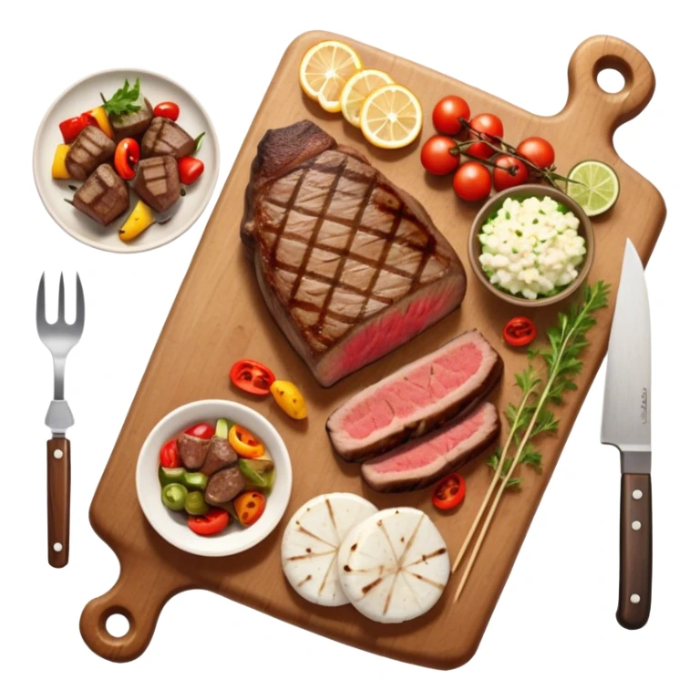 icon featuring a chef’s hat, a cutting board with fresh ingredients, a knife, a beautifully cooked ribeye steak, shashlik skewers, and a plate of food in the making. The design captures the passion of cooking with warm, inviting colors, and realistic textures. Transparent background. sticker