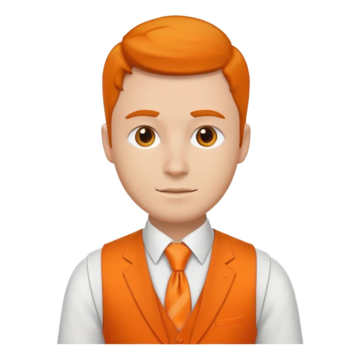 groom in white vest, orange tie sticker