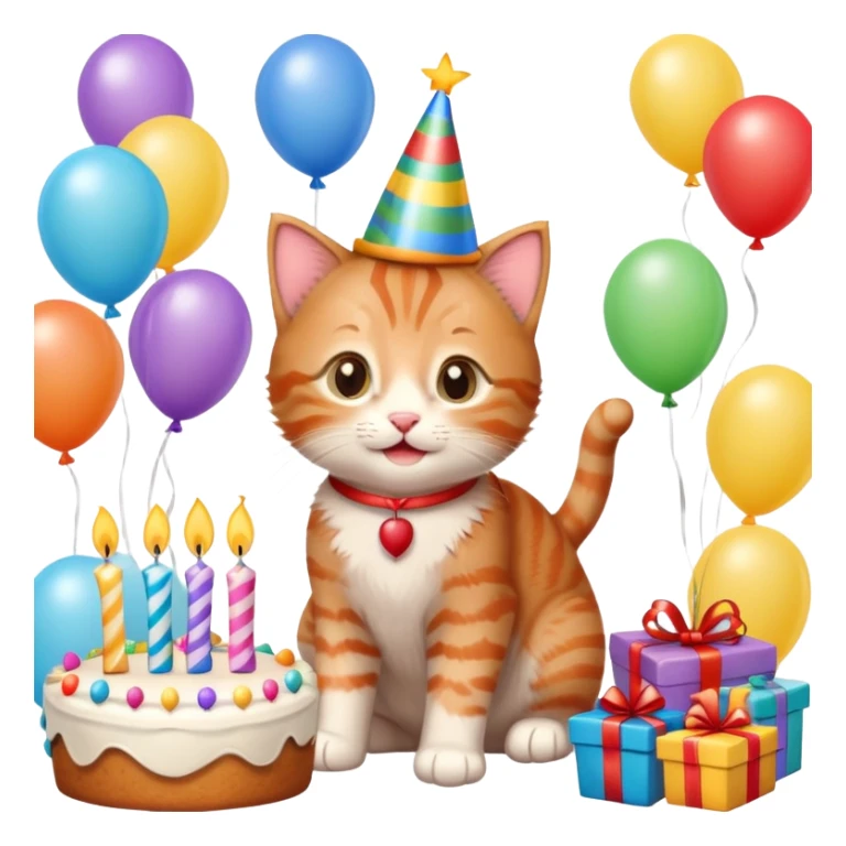 Ginger tabby kitten celebrates birthday, birthday hat, birthday cake, one candle, balloons, happy, gifts sticker
