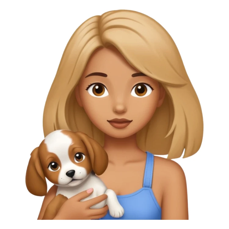 A girl doing her hair while holding a puppy  sticker