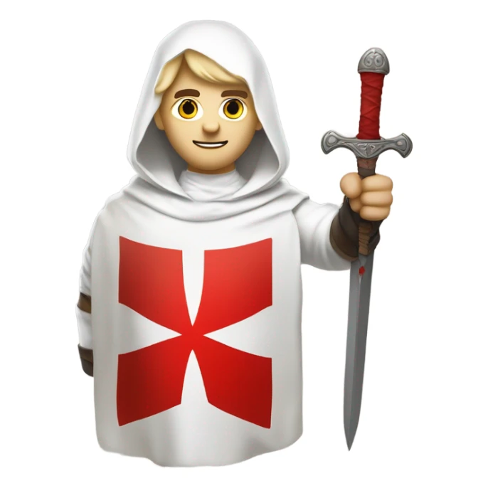 Bare headed blond haired Masonic knight Templar wearing a white tunic with a Red Cross on the front and a white mantle with a hood with a Red Cross on the left side and a male face with a red cap and holding a sword. sticker