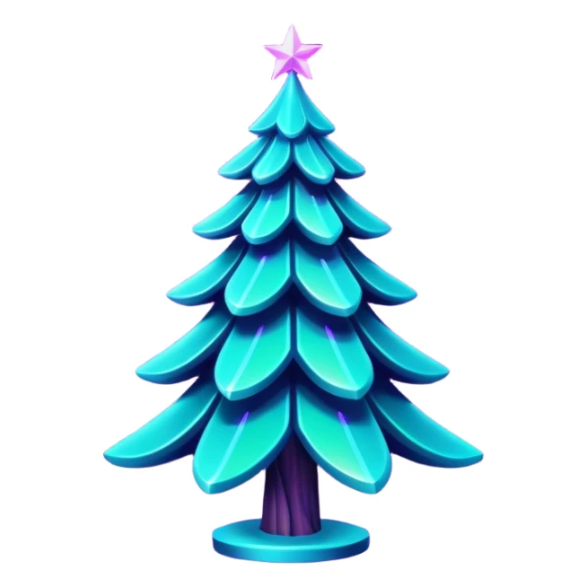 Futuristic glowing Christmas tree emoji with neon decorations, purple and cyan holographic glow, dark background, festive sparkles, no face. sticker