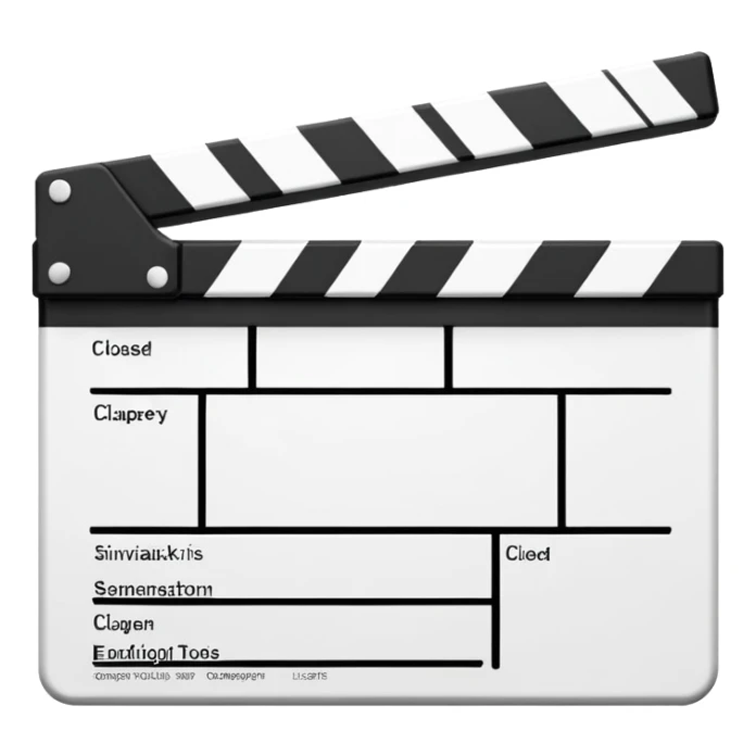 Minimalist closed clapperboard in black and white, straight geometric lines, iOS emoji design with zero unnecessary details sticker