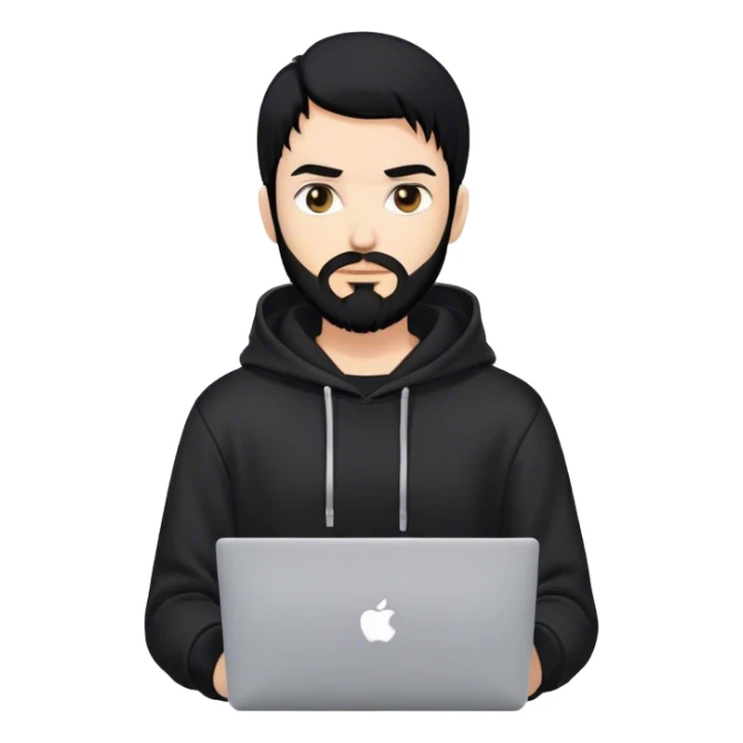 hackeur blanc cheveux noir barbe et capuche noir avec un macbook sticker