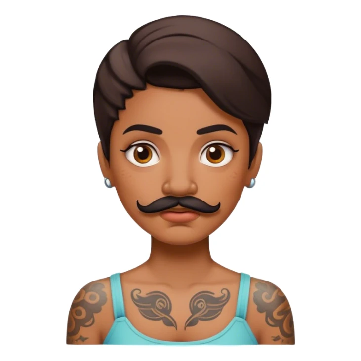Confused woman with tattoos and a mustache sticker