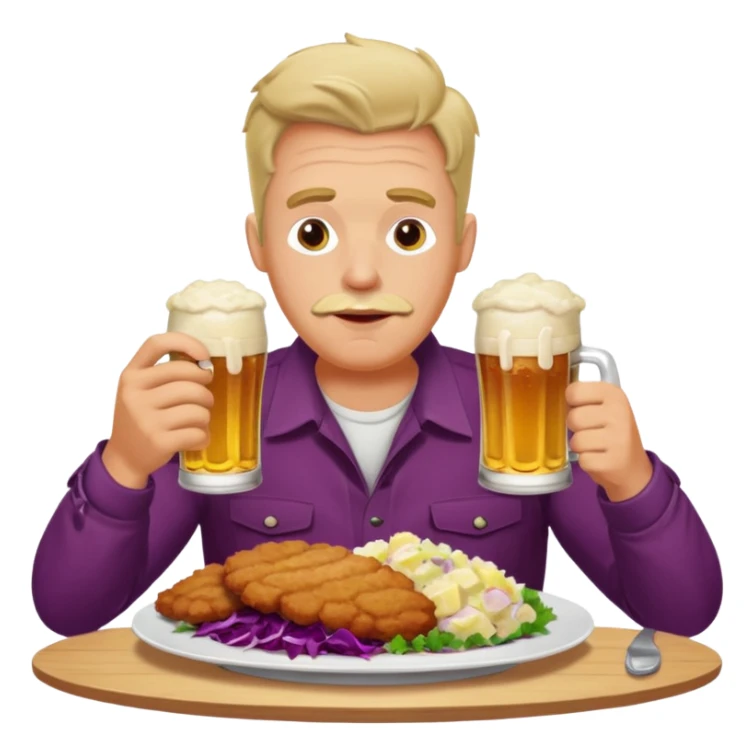 German man eating schnitzel, potato salad, red cabbage, sauerkraut, and beer sticker