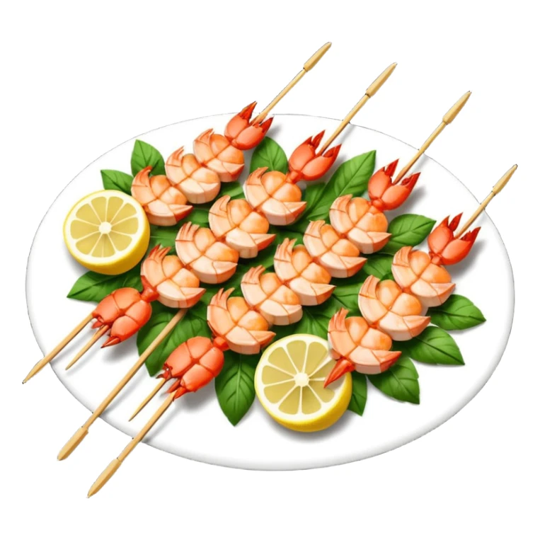 Draw grilled prawns on skewers with herbs & lemon slices. sticker