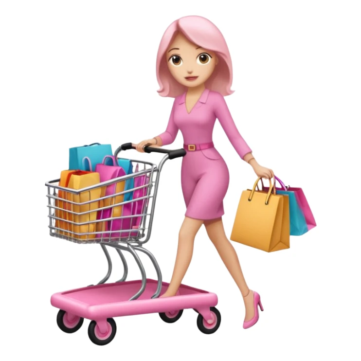 Carrinho na cor rosa cheio de compras femininas, com diversas maquiagens, roupas  sticker