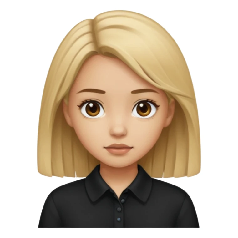 Light skinned girl with dirty blonde hair and deep brown eyes and a black square collared shirt sticker