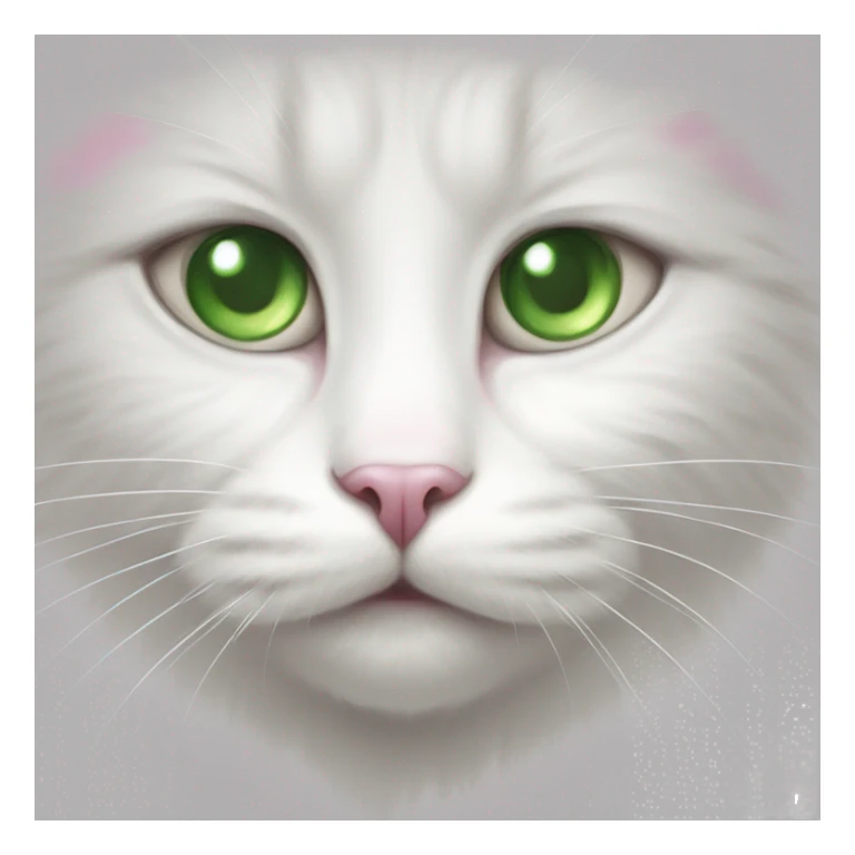 white cat with gray stain, with green eyes, pink nose sticker
