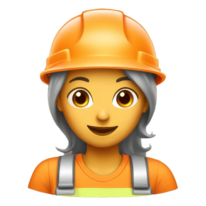a female construction worker with an orange helmet, saying thank you with a happy face sticker