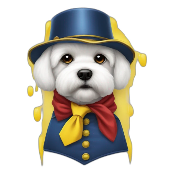 Bichon maltés con casco de obrero amarillo, chaleco rojo, camisa amarilla y corbata azul sticker