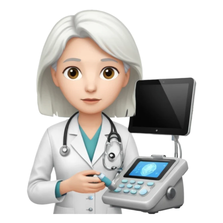 white haired female doctor working an ultrasound machine sticker