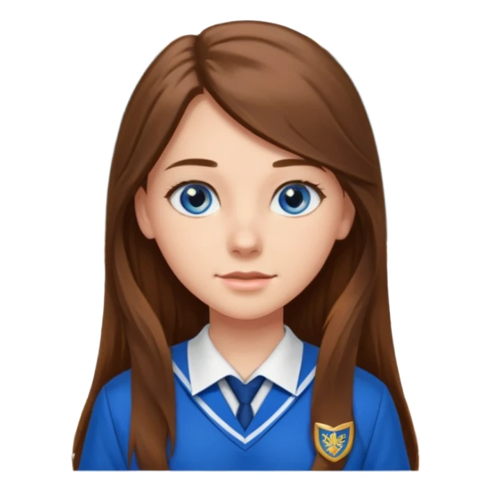high school class room with a pretty female high school student with long brown hair, blue eyes sticker