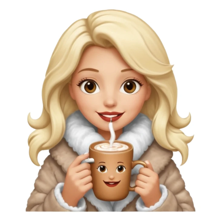 Tanned Girl with lashes , blonde hair, in an extremely big fluffy oversized coat and hold hot chocolate drink and half moon eyes , big lip sticker