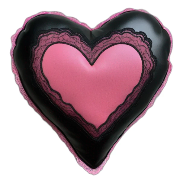 black leather heart shaped cushion with pink paw print red lace border sticker