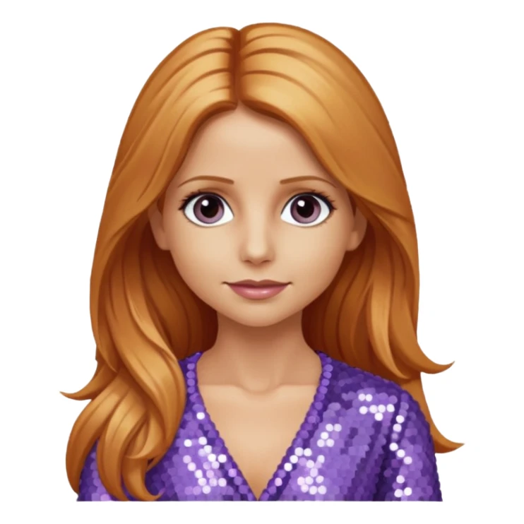 Sarah Michelle Gellar with long reddish blonde hair, lavender sequin outfit sticker