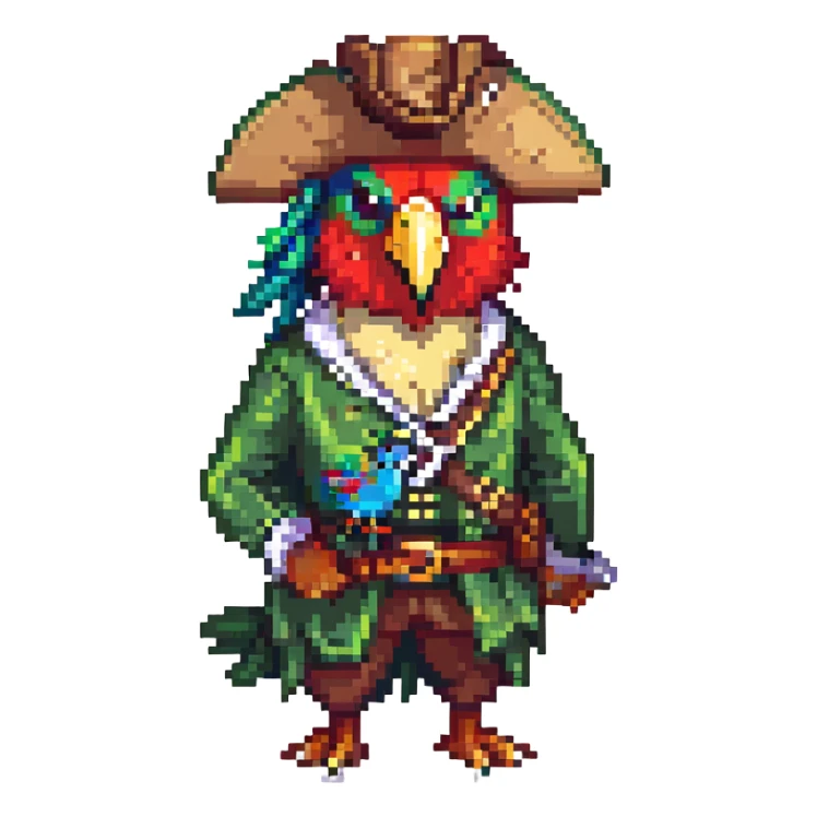 a pirate with a colorful parrot, pixel art style sticker