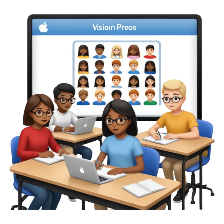 Birdseye view of large study space with students working separately add students wearing Vision Pros sticker