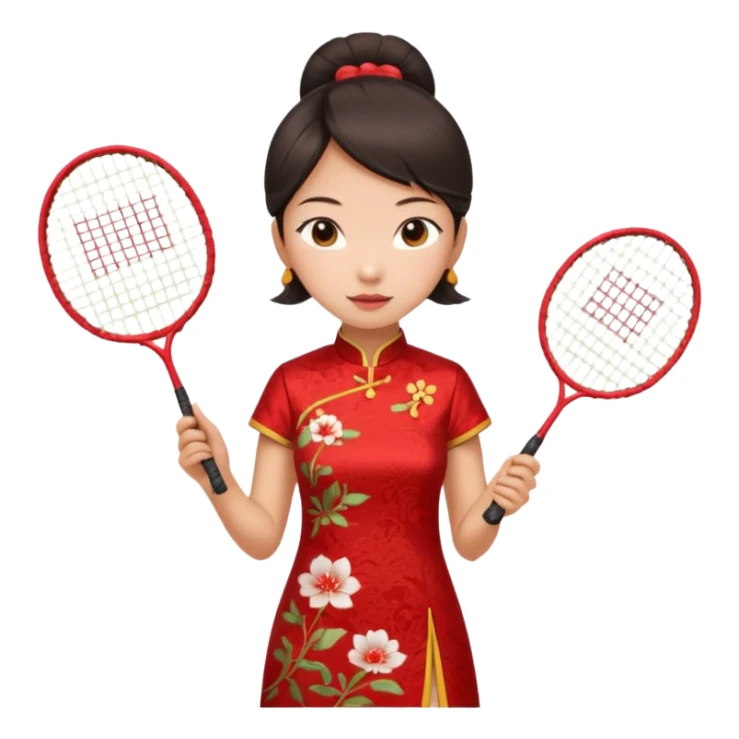 ancient cheongsam girl with 1 badminton racket, red sticker