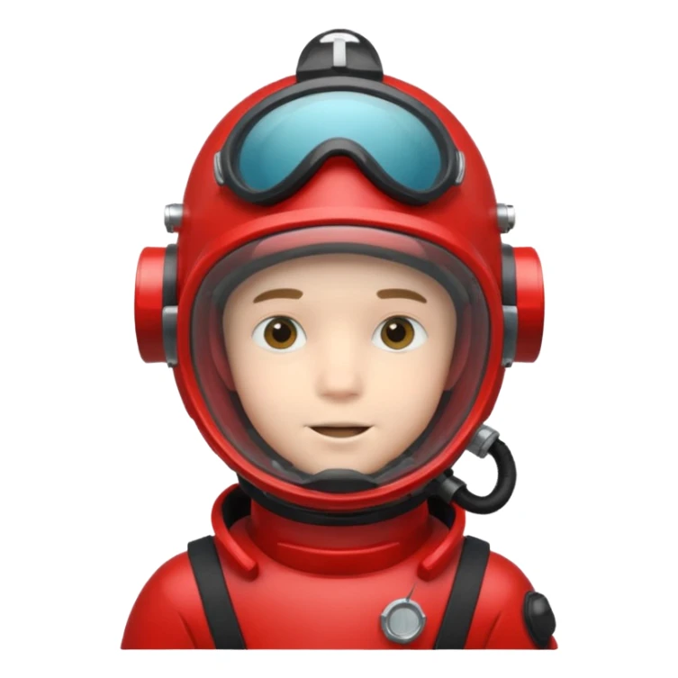 a boy  wearing a red scuba diving helmet with glass visor sticker