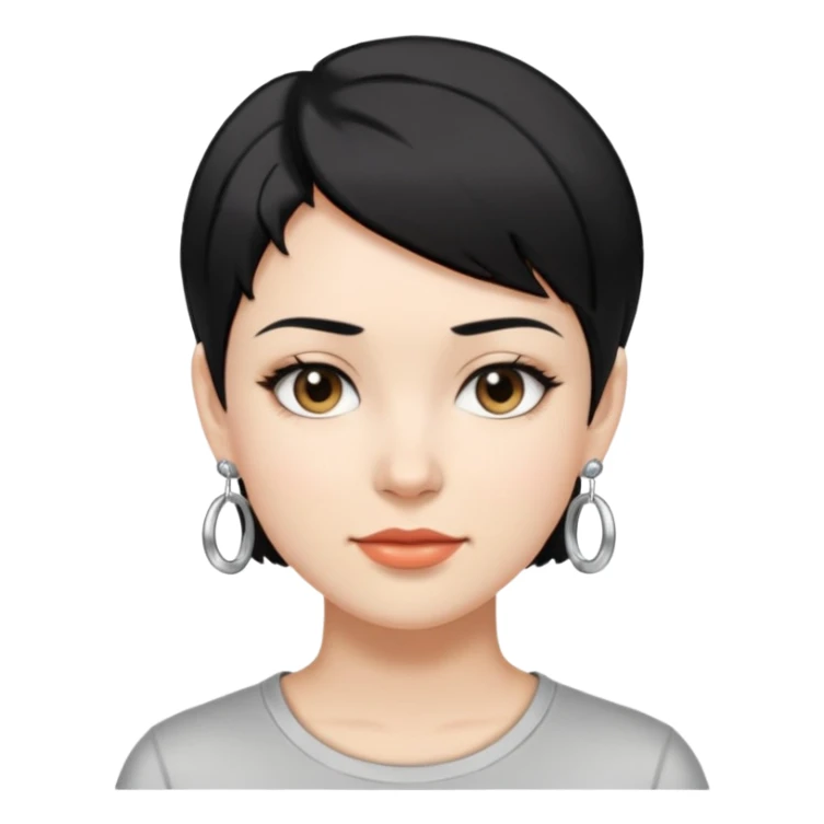 A woman with a base-shaped face, short black hair, wearing a #00c4cc-colored T-shirt and silver earrings. sticker