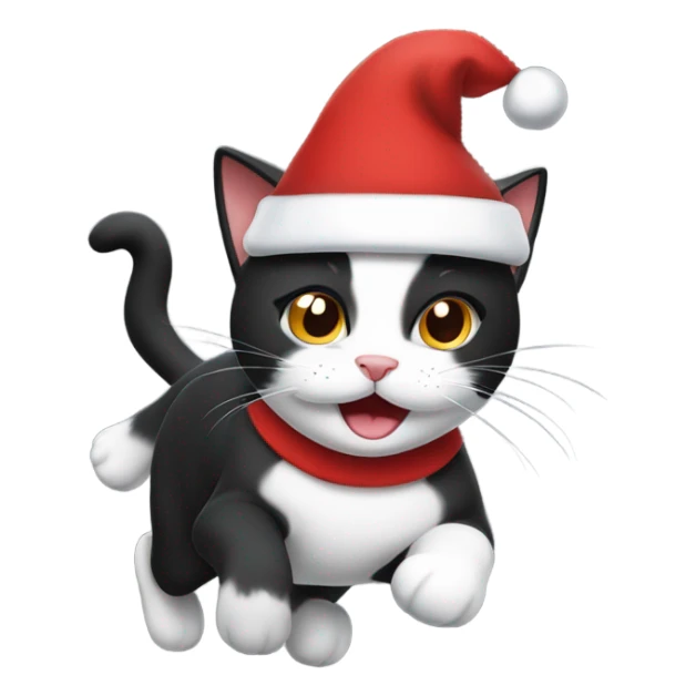 Running black and white cat wearing a Santa hat  sticker