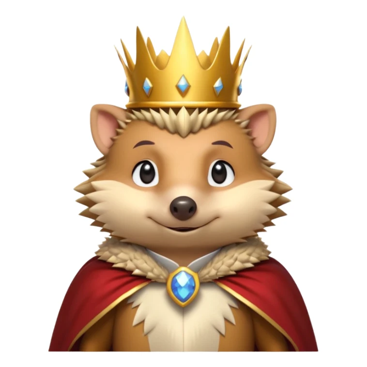 king hedgehog portrait, head and shoulders only, wearing a small golden crown, royal cape collar, proud confident expression, cute spiky fur details, fantasy royal vibe, 3D cartoon, mobile game icon style, clean background, no text, no watermark
 sticker