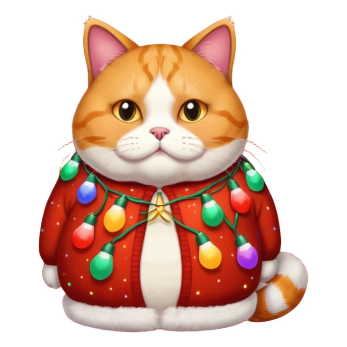 fat, sleeping cat wearing a christmas sweater wrapped in christmas lights sticker