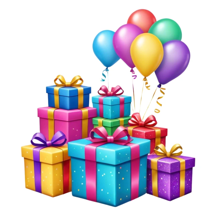 Birthday presents with bows, balloons and glitter paper sticker