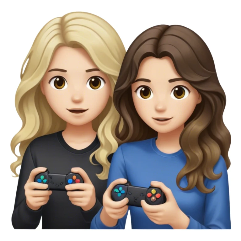 Brunette girl with long wavy hair with balayage and light blond guy playing playstation sticker