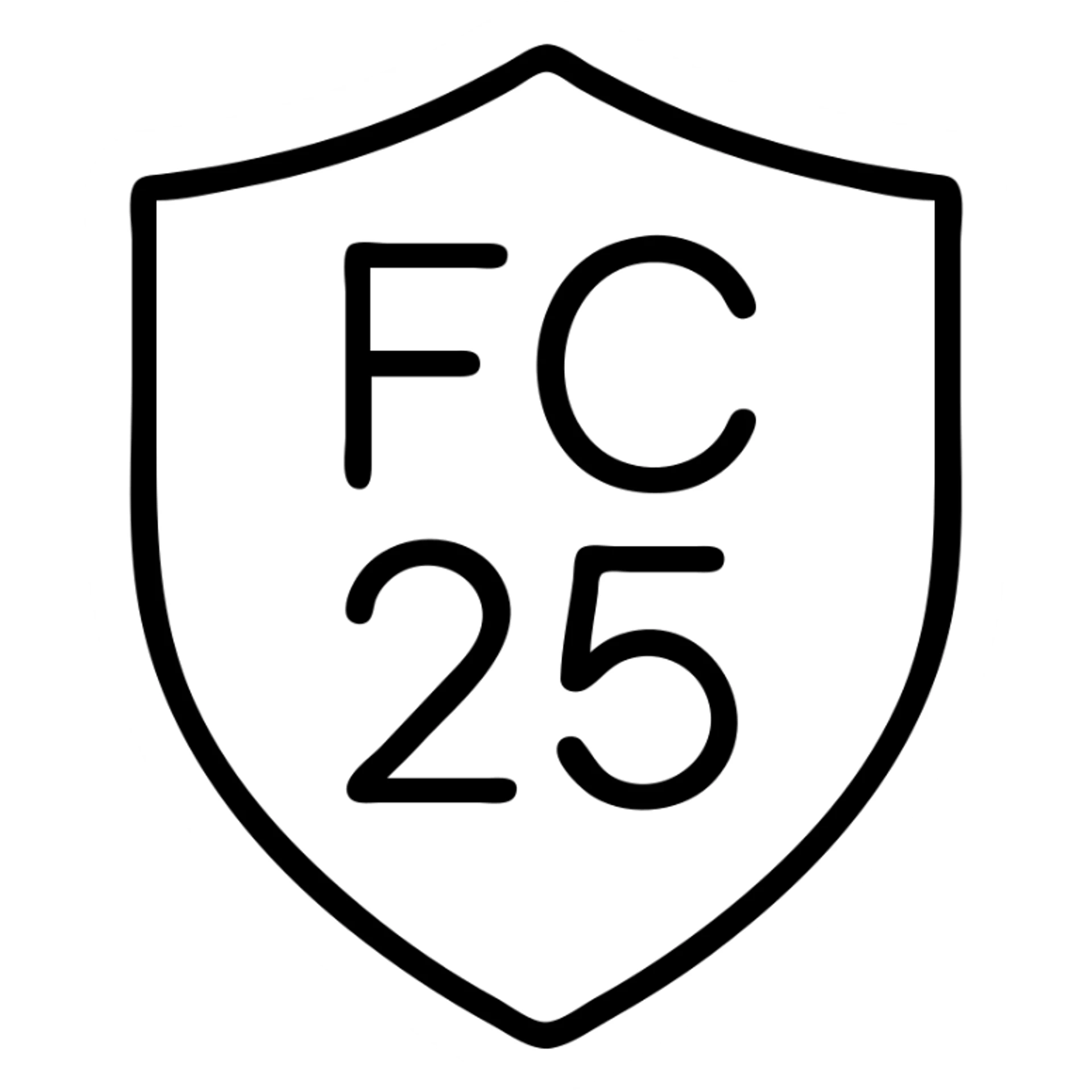 minimal icon of 'FC 25' in a shield shape, outlined, no fill, modern look sticker