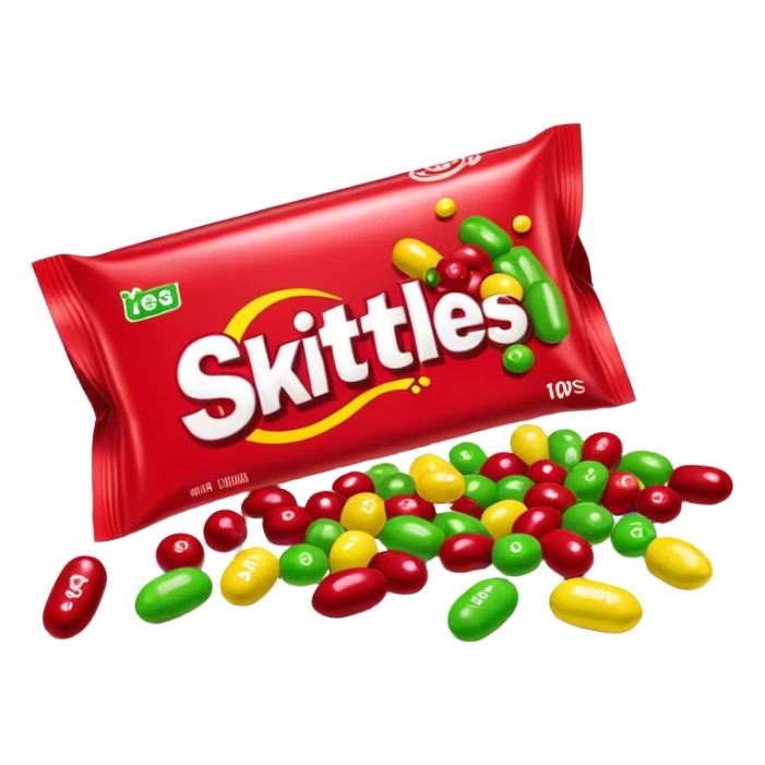 Red Skittles package with logo, the original red Skittles pack design, with only green Skittles candies spilling out sticker