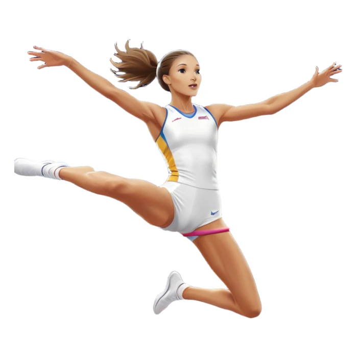 An icon featuring a female high jumper in mid-air, gracefully clearing a bar on a track. She wears a white athletic uniform and appears focused, with the background showcasing a vibrant stadium with cheering spectators and bright lights. Transparent background highlights the elegance  sticker
