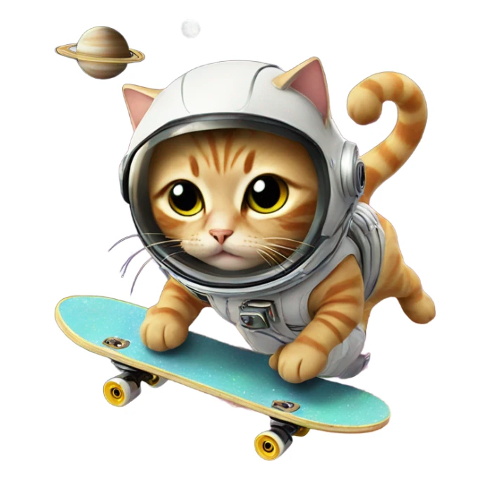 Cat skateboarding in space on saturn, while eating noodles sticker