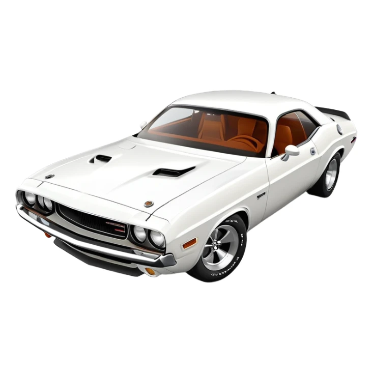 Anatomically correct white 1971 Dodge Challenger muscle car, proper 30-degree angle view, maintaining authentic proportions and structure, highly detailed but minimalist, pure white exterior, iOS emoji style sticker