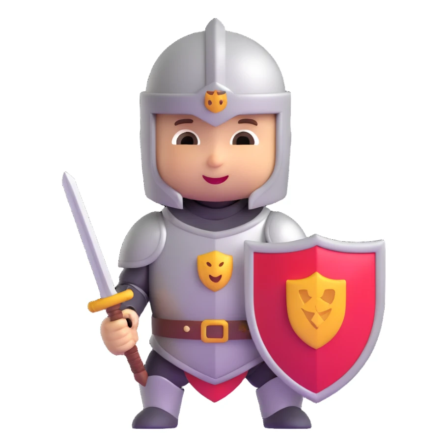 3D emoji style baby knight with a pacifier holding a sword and shield sticker