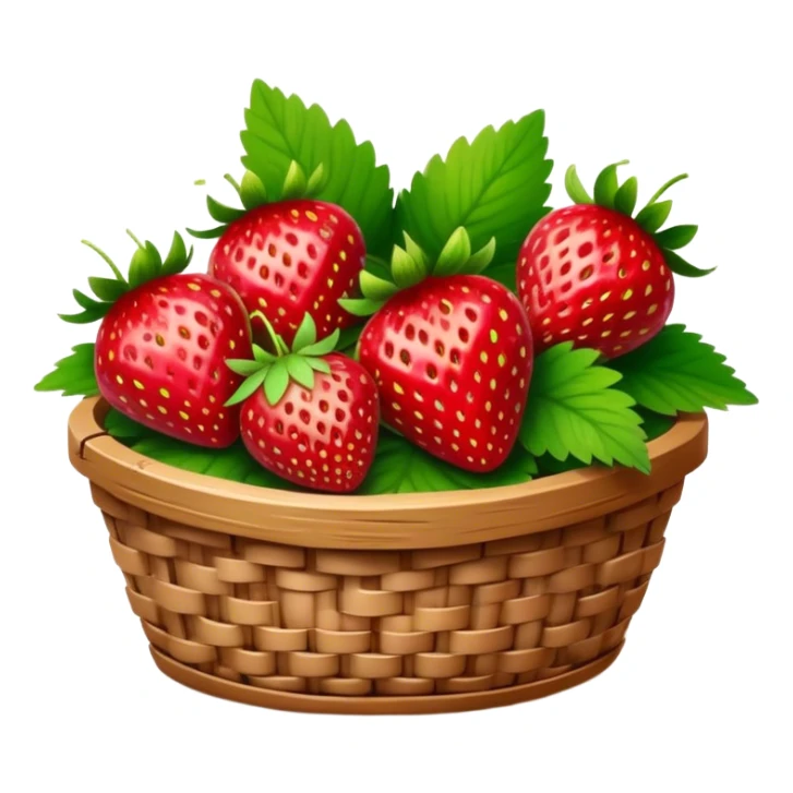 Cinematic ripe strawberrie, deep red, glossy with tiny seeds, green leaves still attached, gathered in a rustic basket, warm glowing background, fresh and sweet. sticker