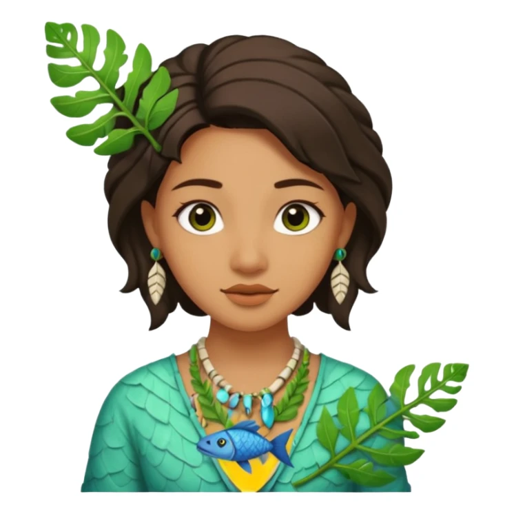 ancient girl wearing fish bone Necklaces and leaf sticker