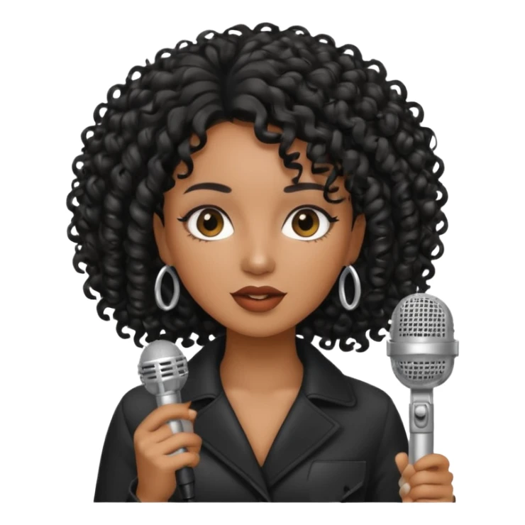brown skin woman, curly black hair, singer, hold micro sticker